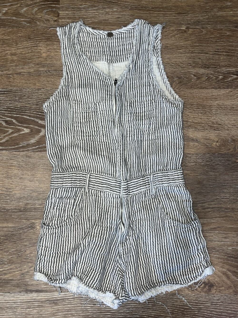 Free People Small Seersucker Stripe Zip Front Utility Romper Raw Hem